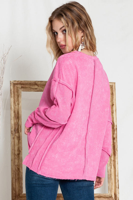Exposed Seams Round Neck Dropped Shoulder Sweatshirt  - Doll Fits