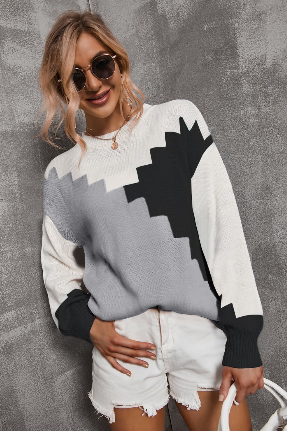 Color Block Dropped Shoulder Knit Pullover  Shirts & Tops- Doll Fits