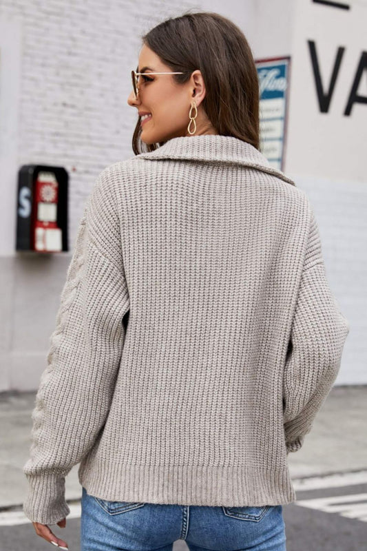 Half Zip Mixed Knit Collared Sweater  Shirts & Tops- Doll Fits