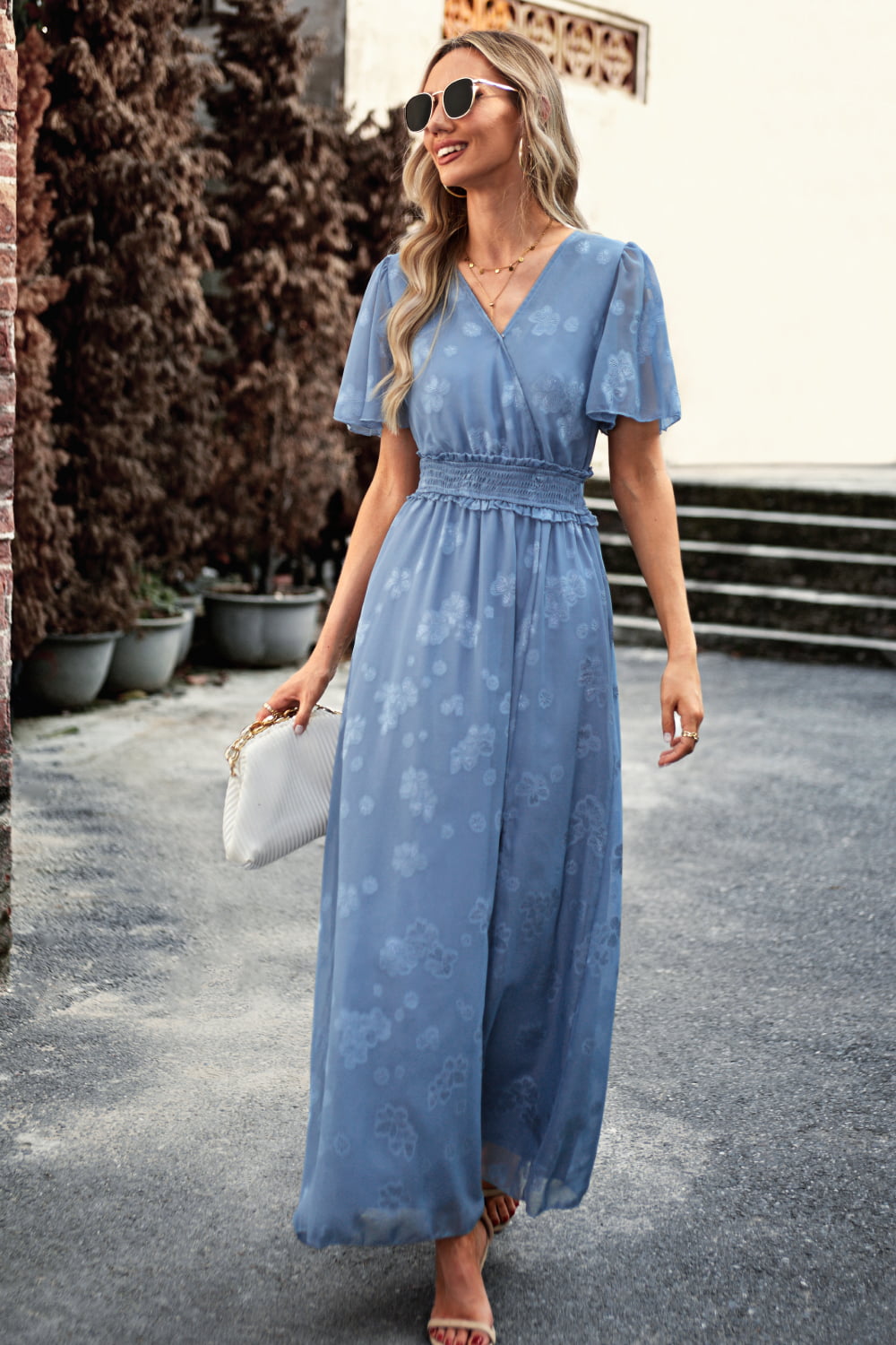 Floral Print V-Neck Smocked Waist High Slit Maxi Dress  Dresses- Doll Fits