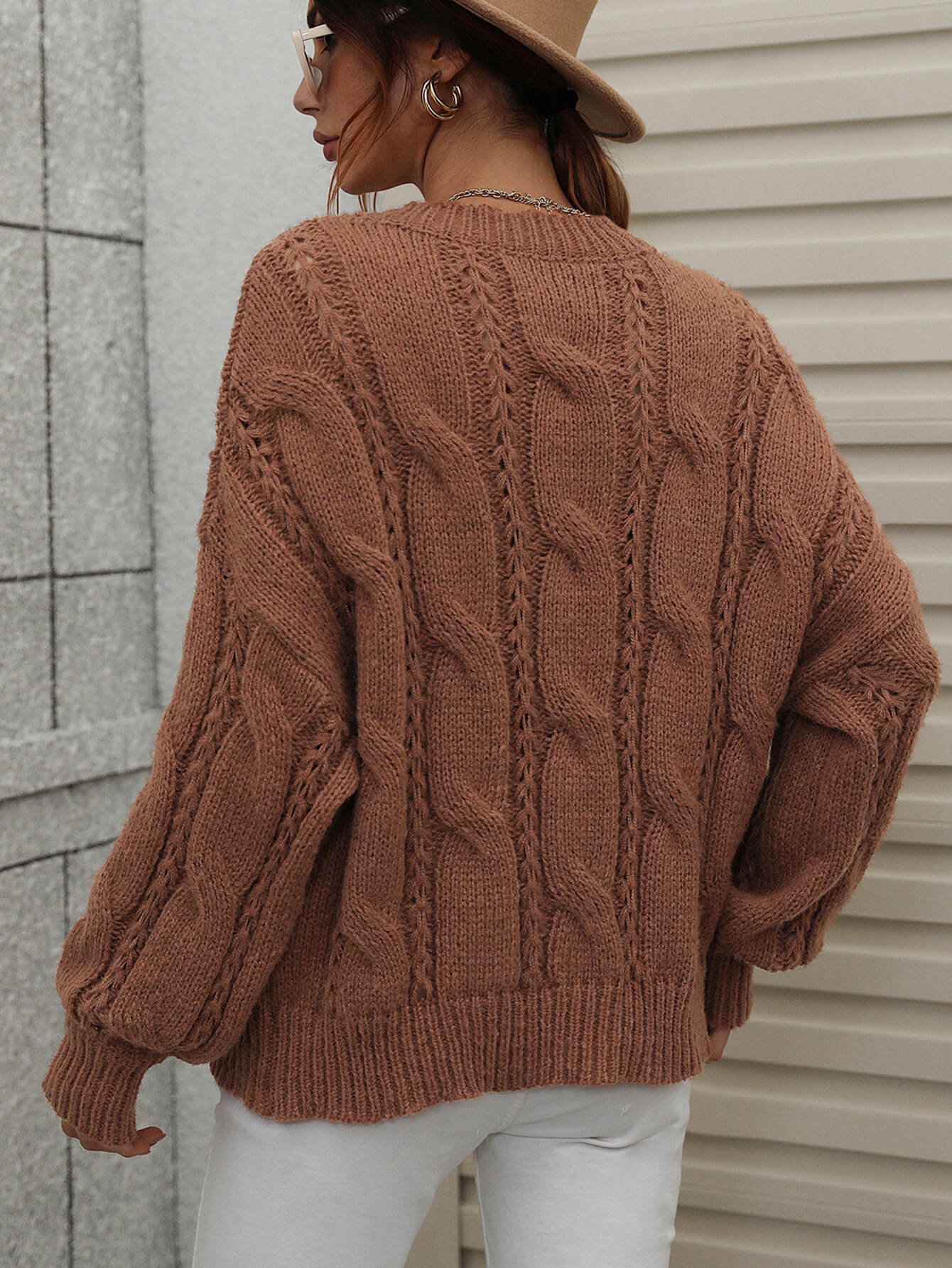Cable-Knit Openwork Round Neck Sweater  Shirts & Tops- Doll Fits