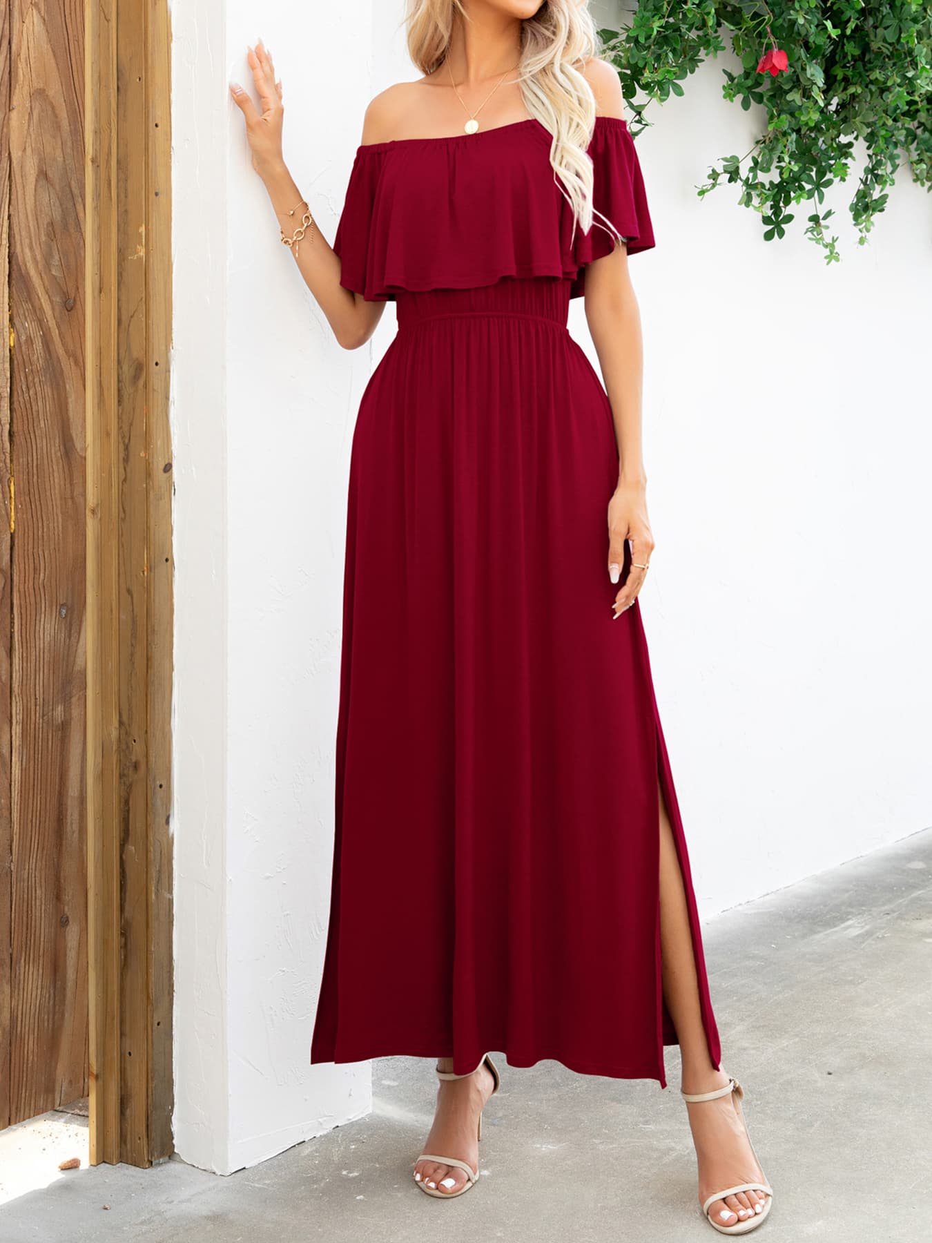 Off-Shoulder Slit Maxi Dress  Dresses- Doll Fits