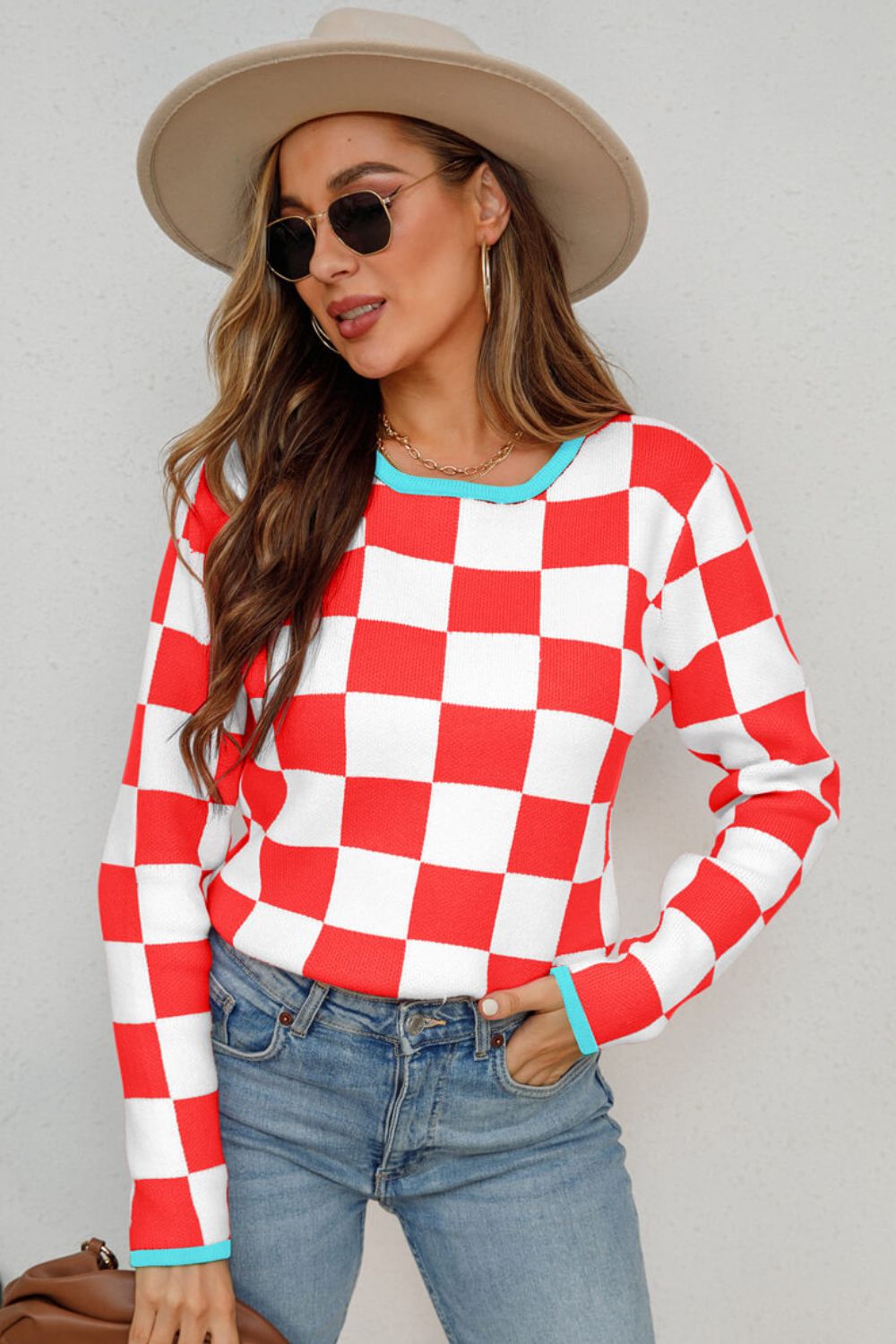 Checkered Round Neck Sweater  Shirts & Tops- Doll Fits