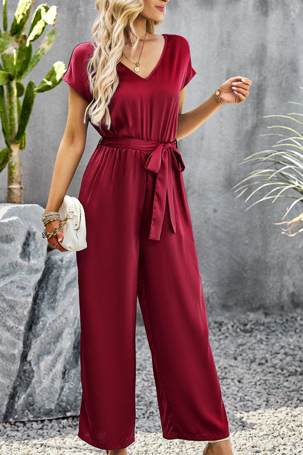 Tie Belt V-Neck Short Sleeve Jumpsuit  Jumpsuits & Rompers- Doll Fits
