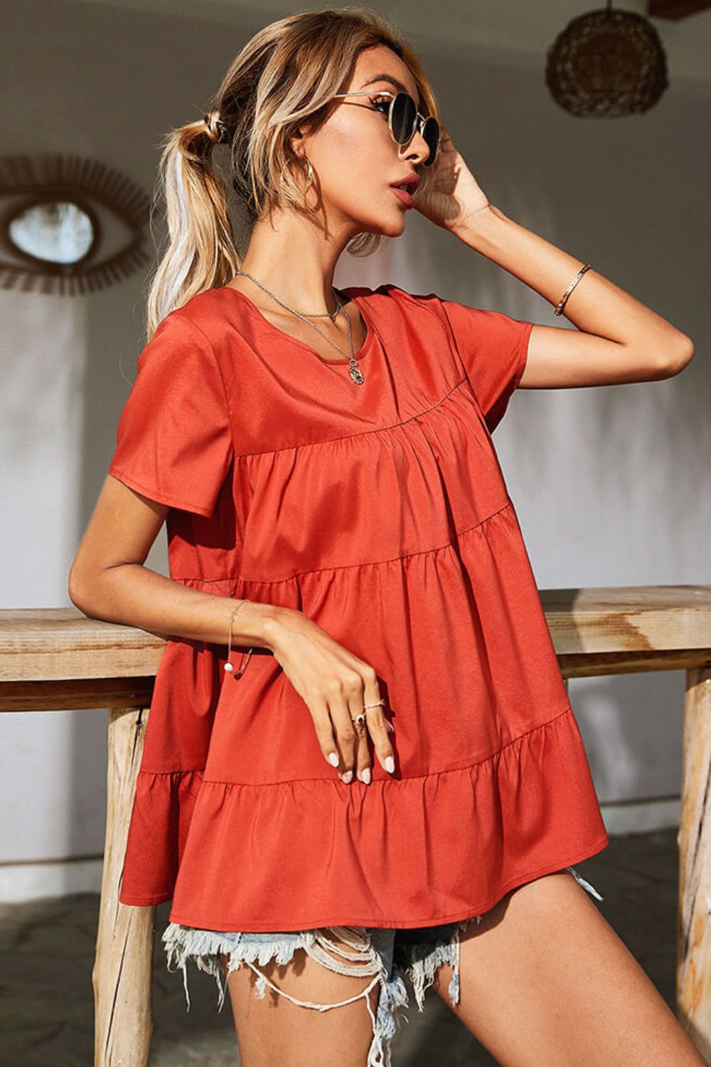 Round Neck Short Sleeve Tiered Blouse  Shirts & Tops- Doll Fits