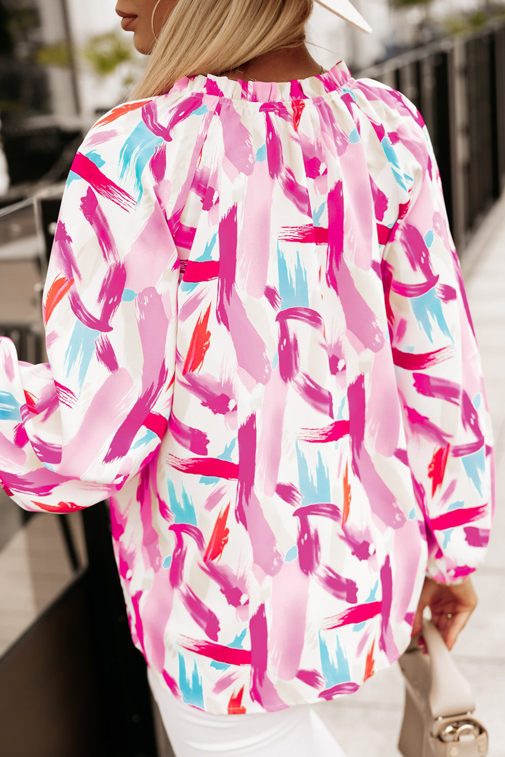 Printed V-Neck Balloon Sleeve Blouse  - Doll Fits