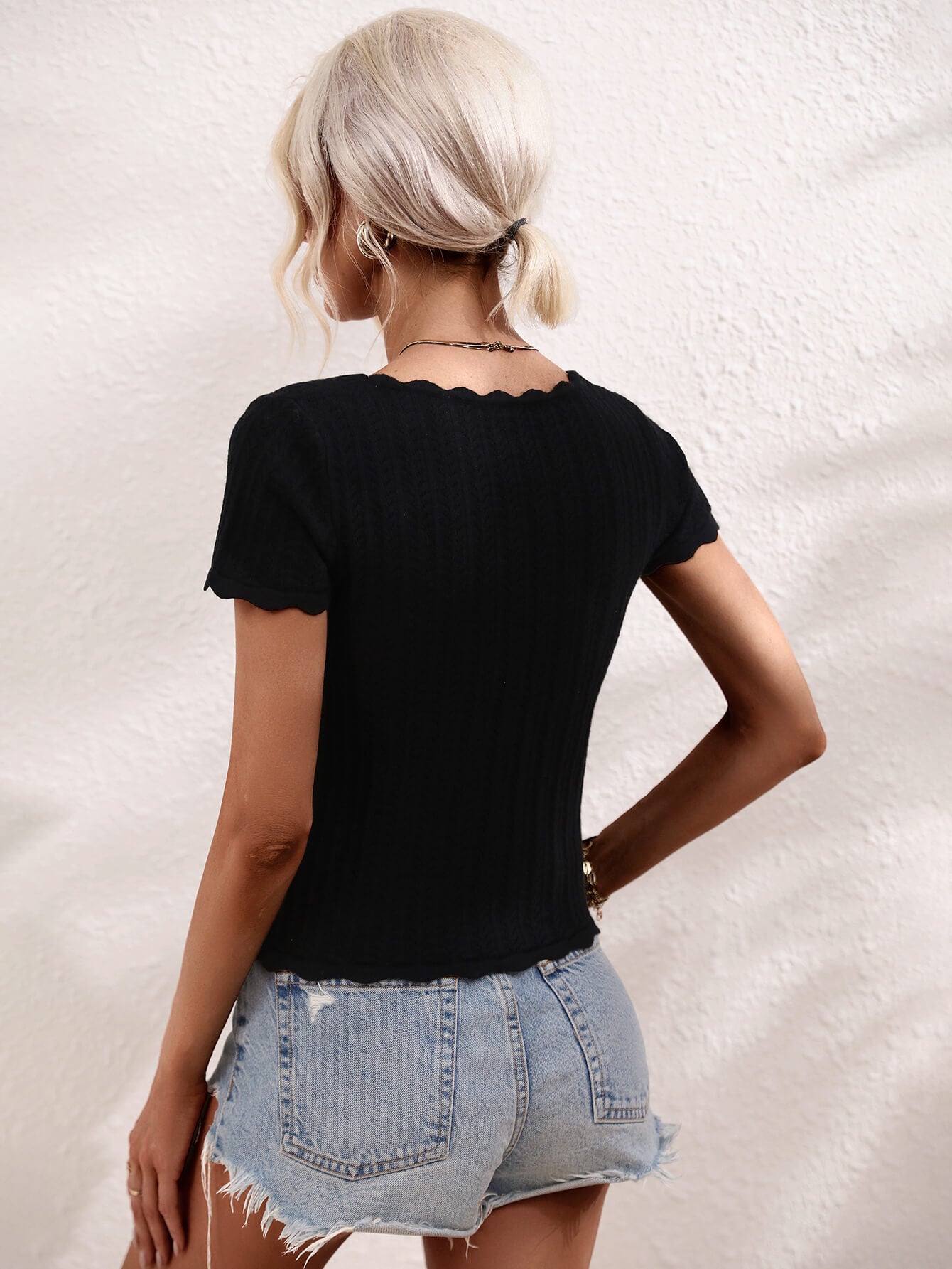 Scalloped Hem Square Neck Knit Top  Shirts & Tops- Doll Fits