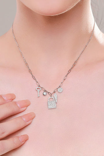 925 Sterling Silver Lock & Key Zircon Pendant Necklace  Necklaces- Doll Fits