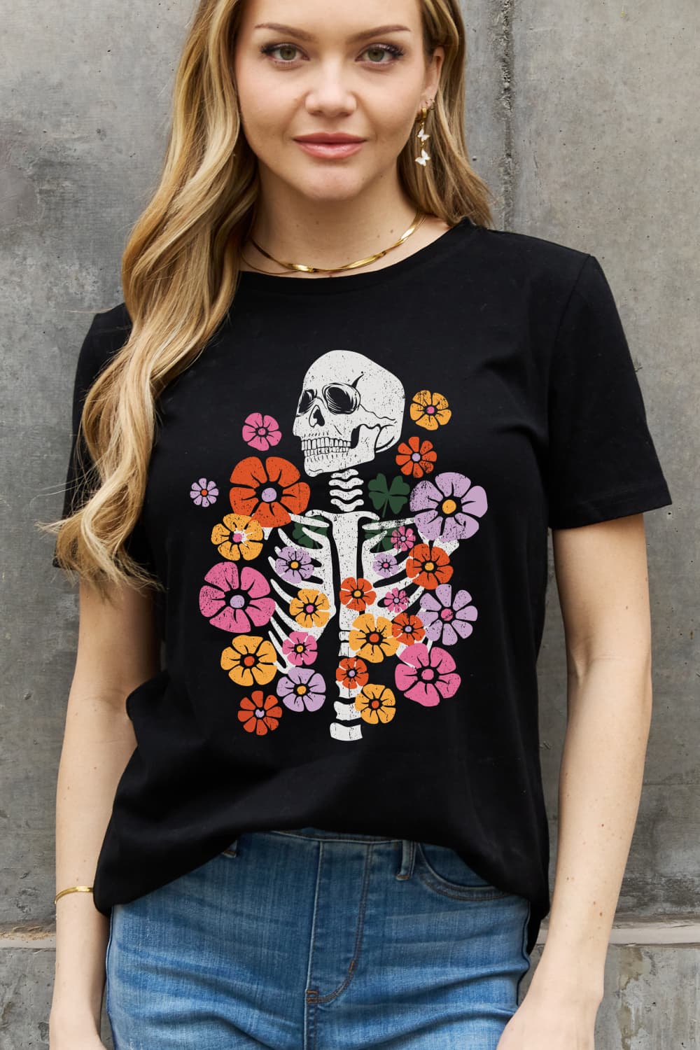 Simply Love Simply Love Full Size Skeleton & Flower Graphic Cotton Tee  - Doll Fits