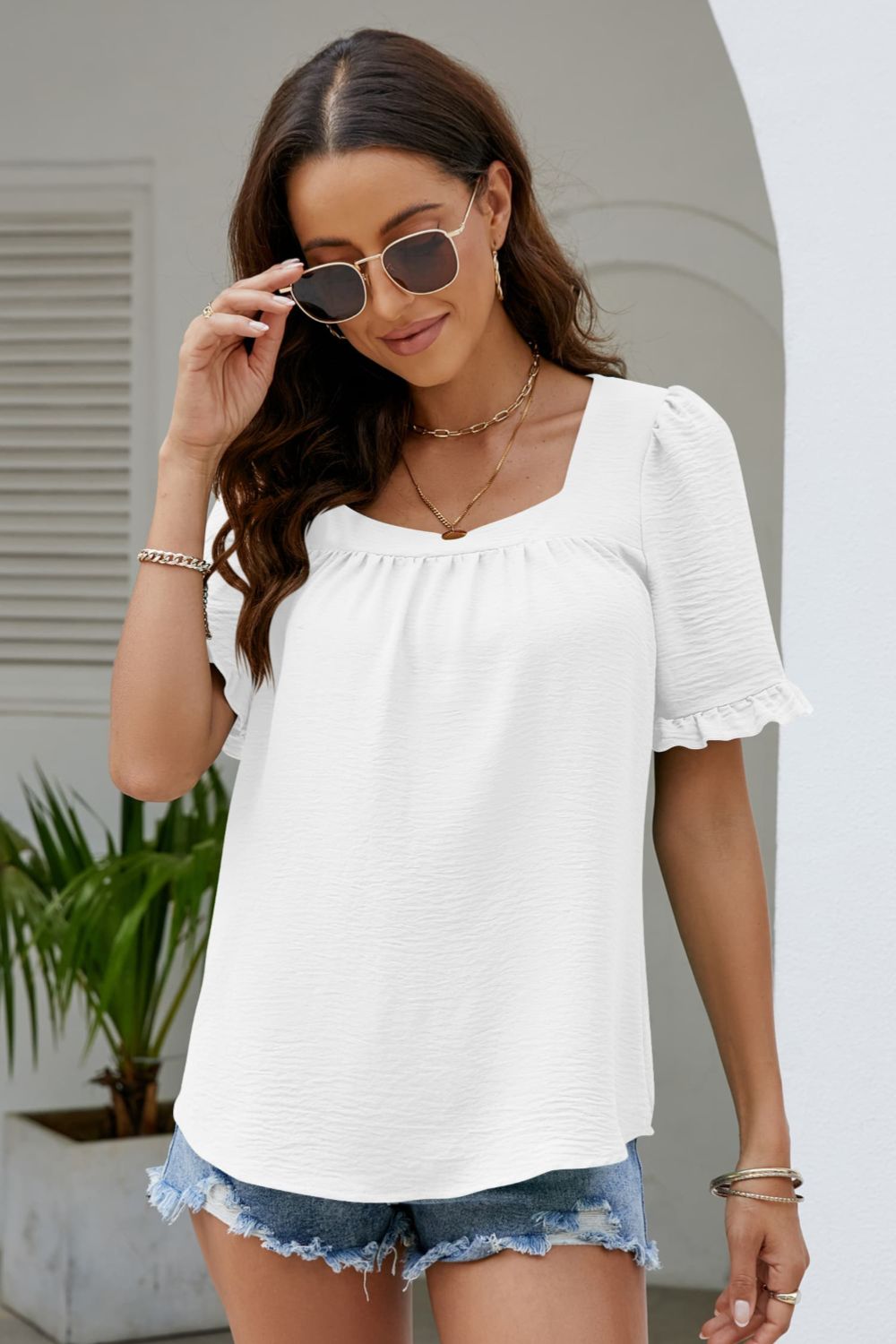 Frill Trim Puff Sleeve Square Neck Blouse  Shirts & Tops- Doll Fits