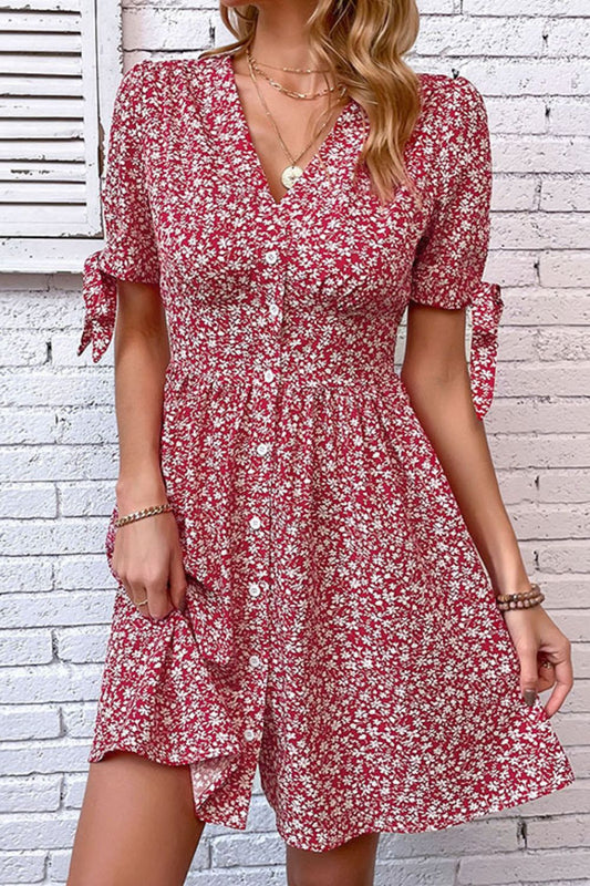 Ditsy Floral Tied Puff Sleeve Button Front Dress  Dresses- Doll Fits