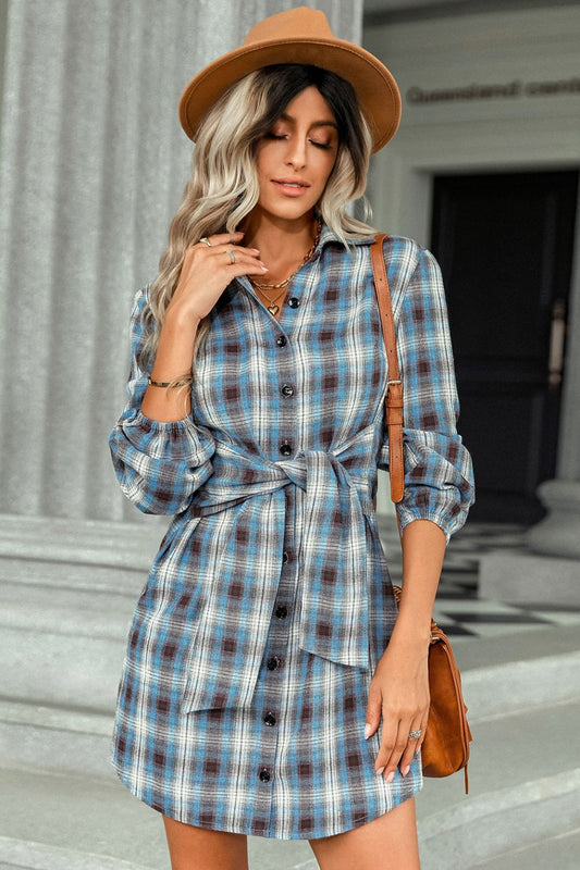 Plaid Tie Front Mini Shirt Dress  Dresses- Doll Fits
