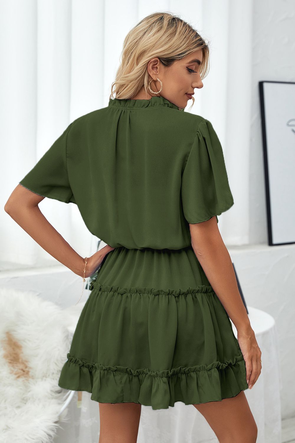 Tie Neck Frill Trim Short Sleeve Mini Dress  Dresses- Doll Fits