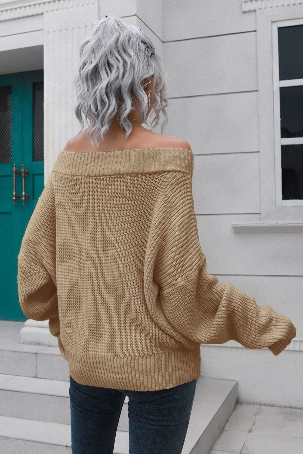 Off-Shoulder Ribbed Long Sleeve Pullover Sweater  - Doll Fits