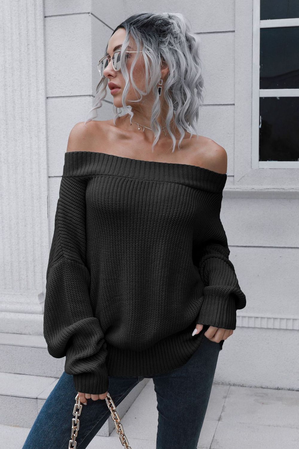 Off-Shoulder Ribbed Long Sleeve Pullover Sweater  - Doll Fits