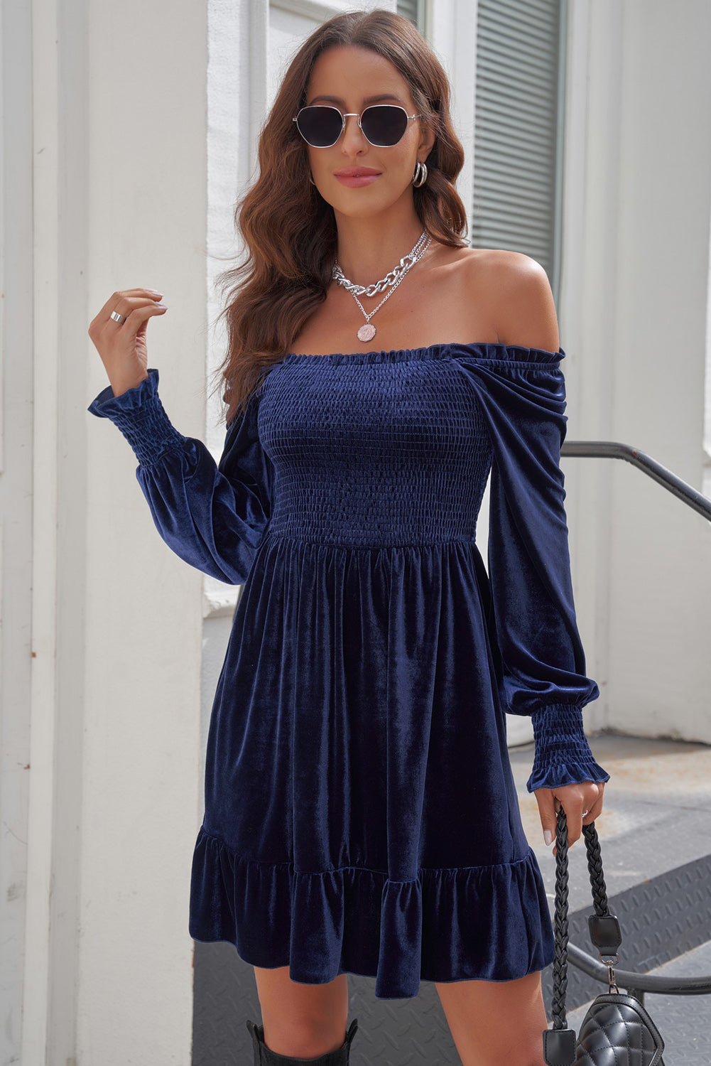 Off-Shoulder Smocked Ruffle Hem Dress  Dresses- Doll Fits