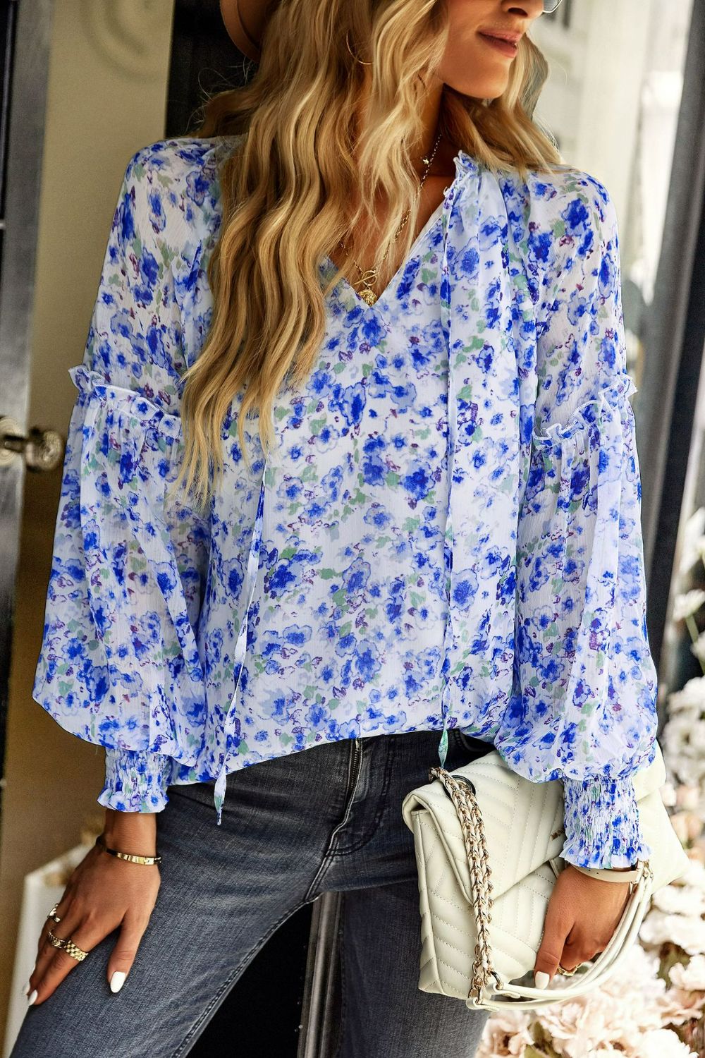 Floral Tie Neck Lantern Sleeve Blouse  Shirts & Tops- Doll Fits