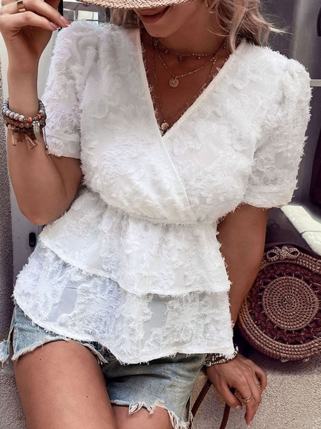 Surplice Neck Layered Peplum Top  Shirts & Tops- Doll Fits