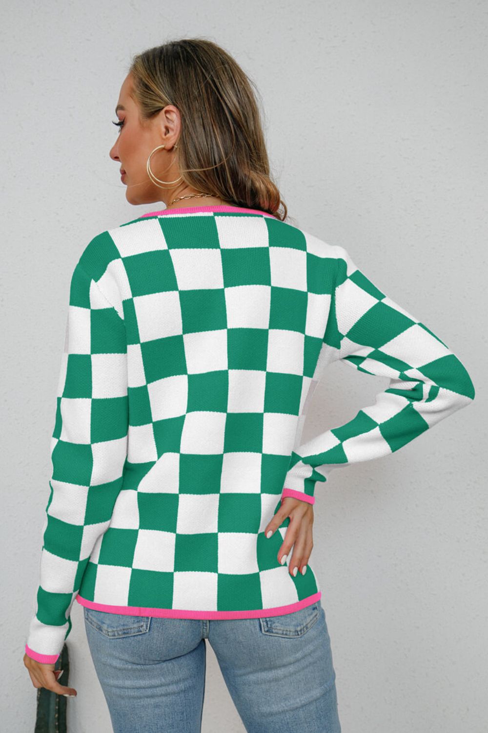 Checkered Round Neck Sweater  Shirts & Tops- Doll Fits
