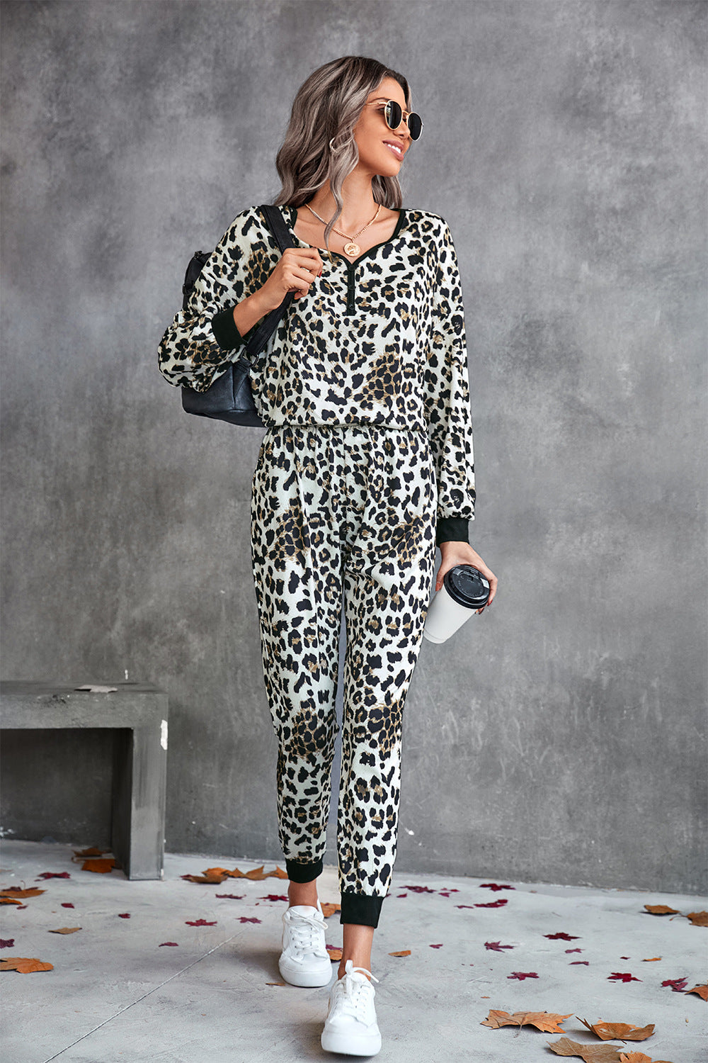 Leopard V-Neck Dropped Shoulder Loungewear Set  - Doll Fits