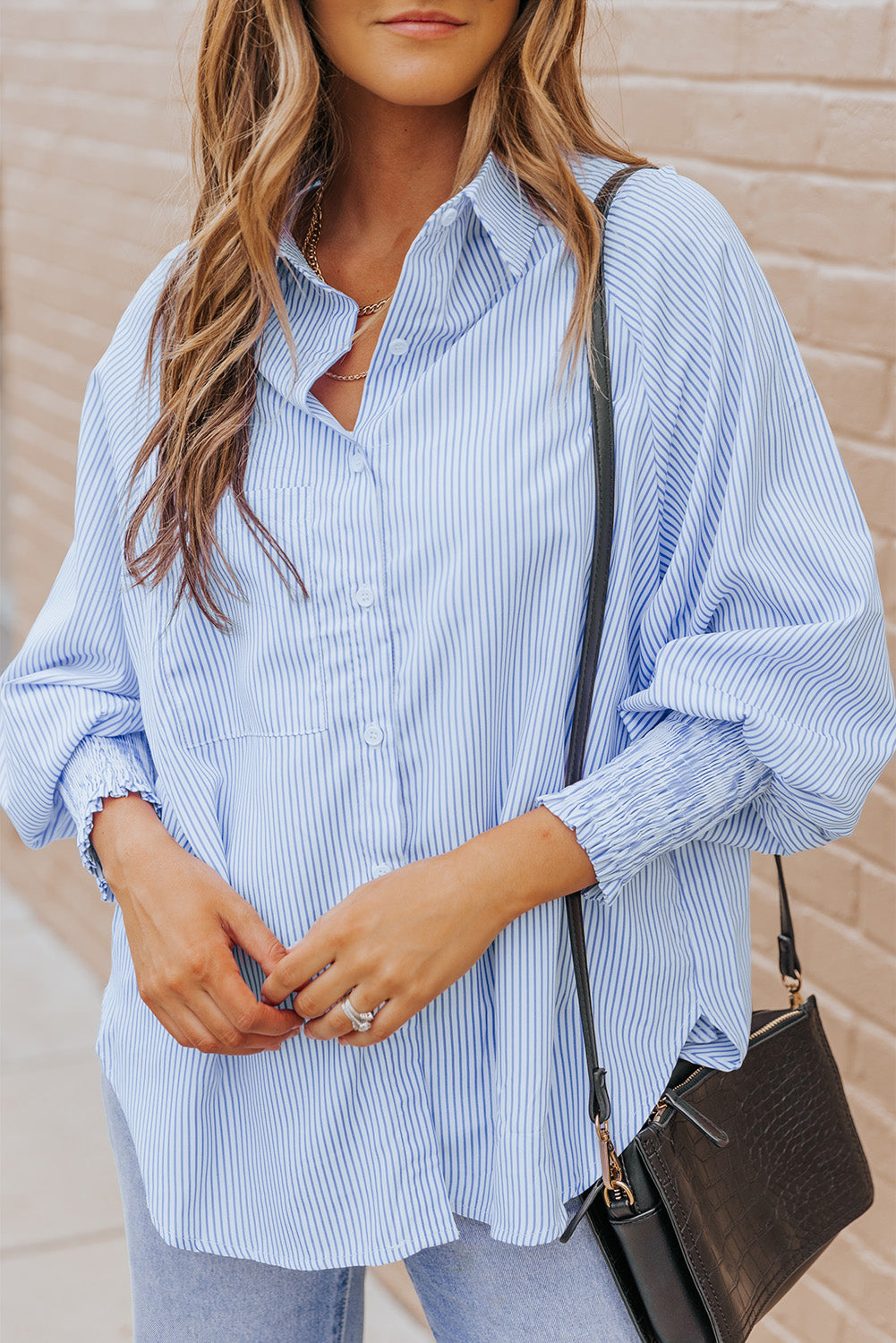 Striped Lantern Sleeve Collared Shirt  Shirts & Tops- Doll Fits