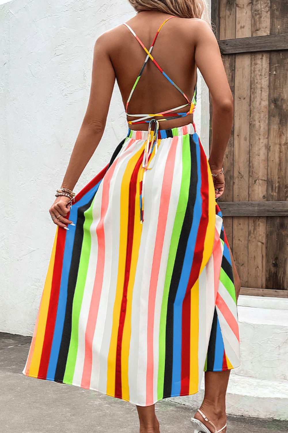 Multicolored Stripe Crisscross Backless Dress  Dresses- Doll Fits