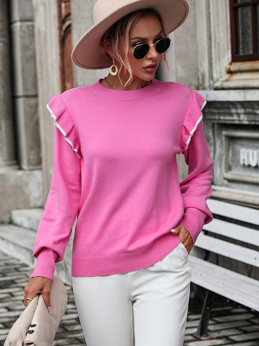 Round Neck Ruffle Trim Long Sleeve Pullover Sweater  - Doll Fits