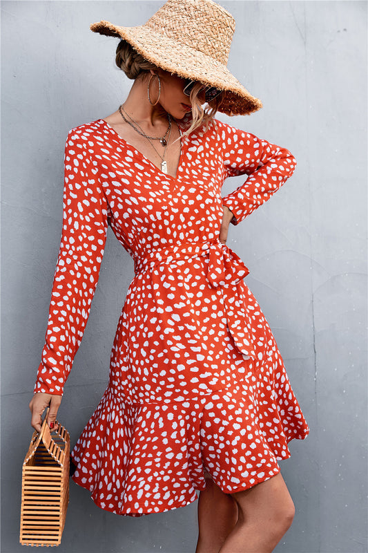 Printed V-Neck Tie Belt Ruffle Hem Mini Dress  Dresses- Doll Fits