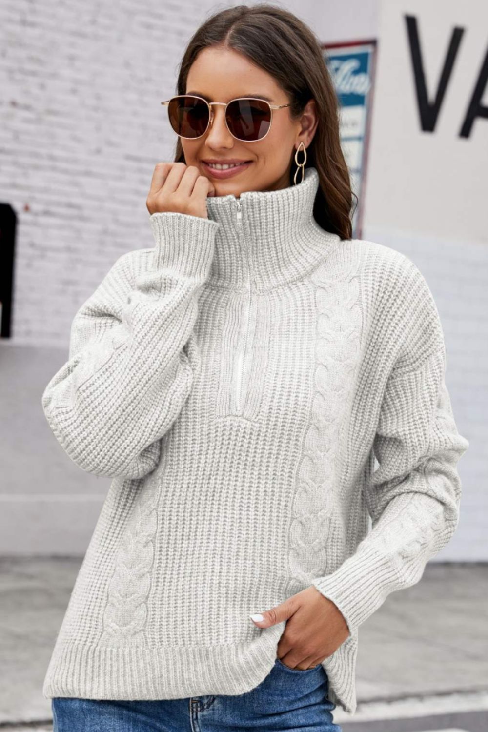 Half Zip Mixed Knit Collared Sweater  Shirts & Tops- Doll Fits