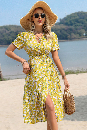 Floral Surplice Neck Short Sleeve Dress  Dresses- Doll Fits