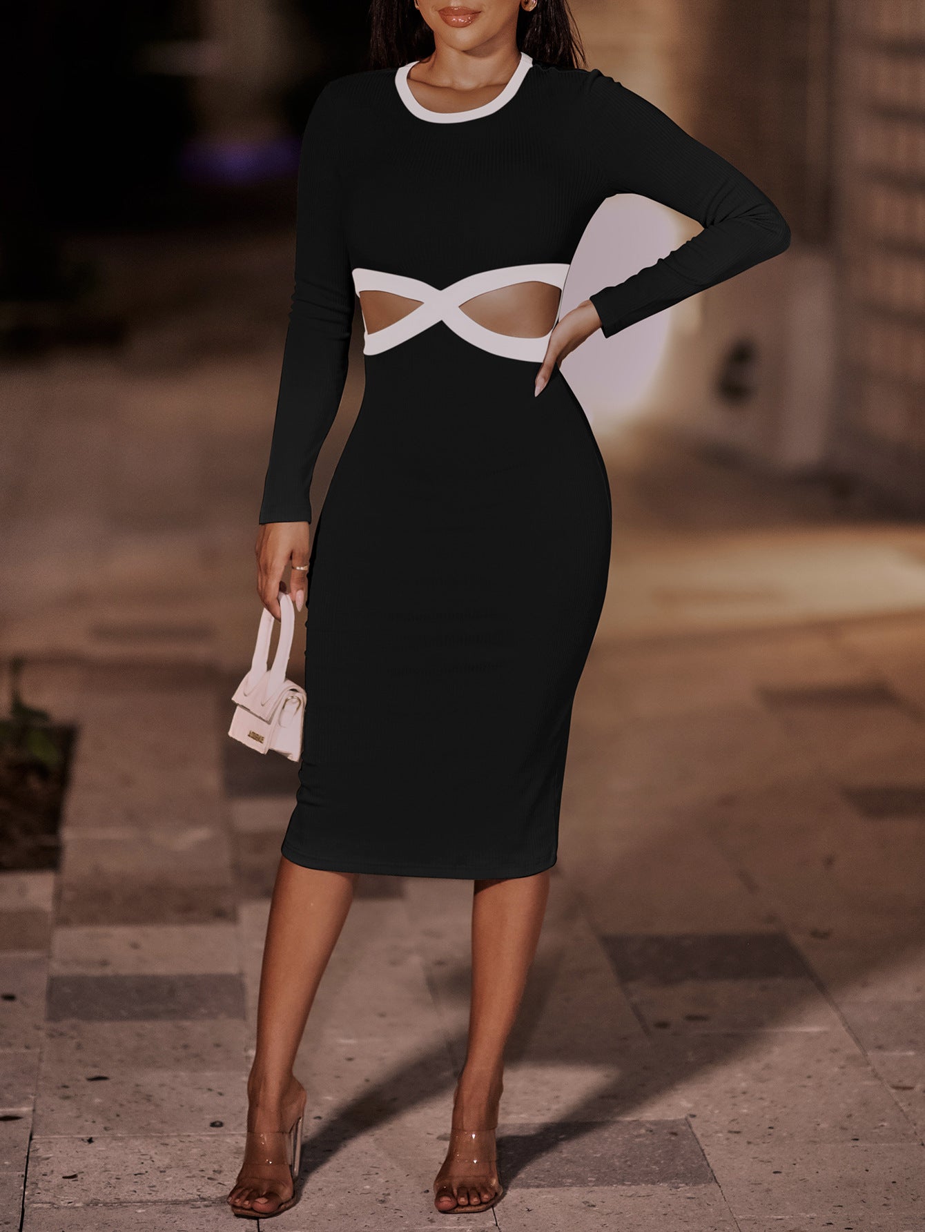 Contrast Cutout Ribbed Bodycon Dress  Dresses- Doll Fits