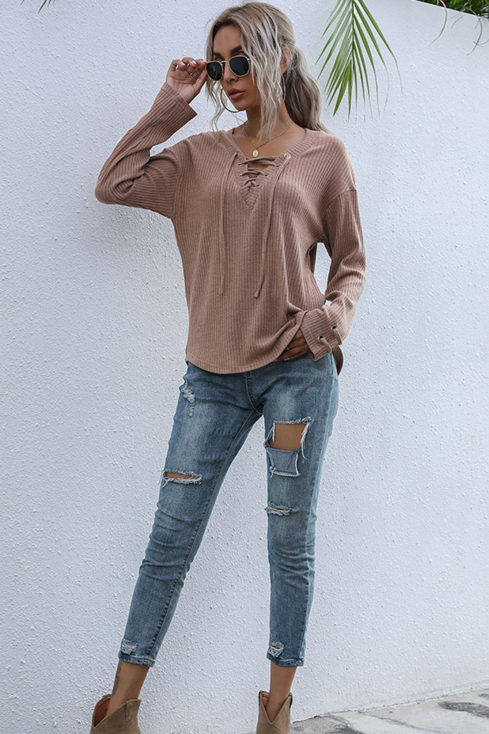 Lace-Up V-Neck Ribbed Top  Shirts & Tops- Doll Fits