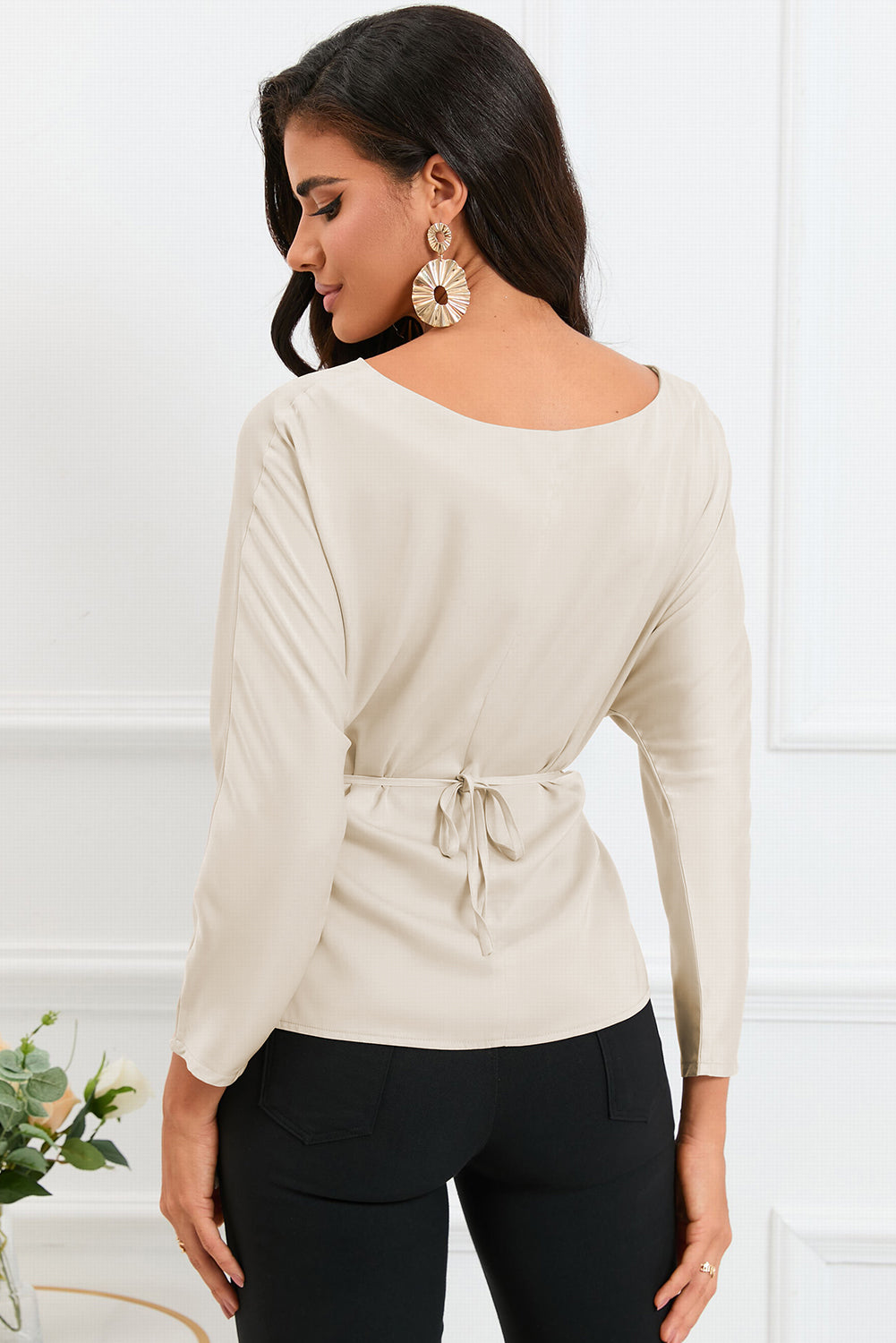 Boat Neck Back Tie Long Sleeve Satin Blouse  Shirts & Tops- Doll Fits