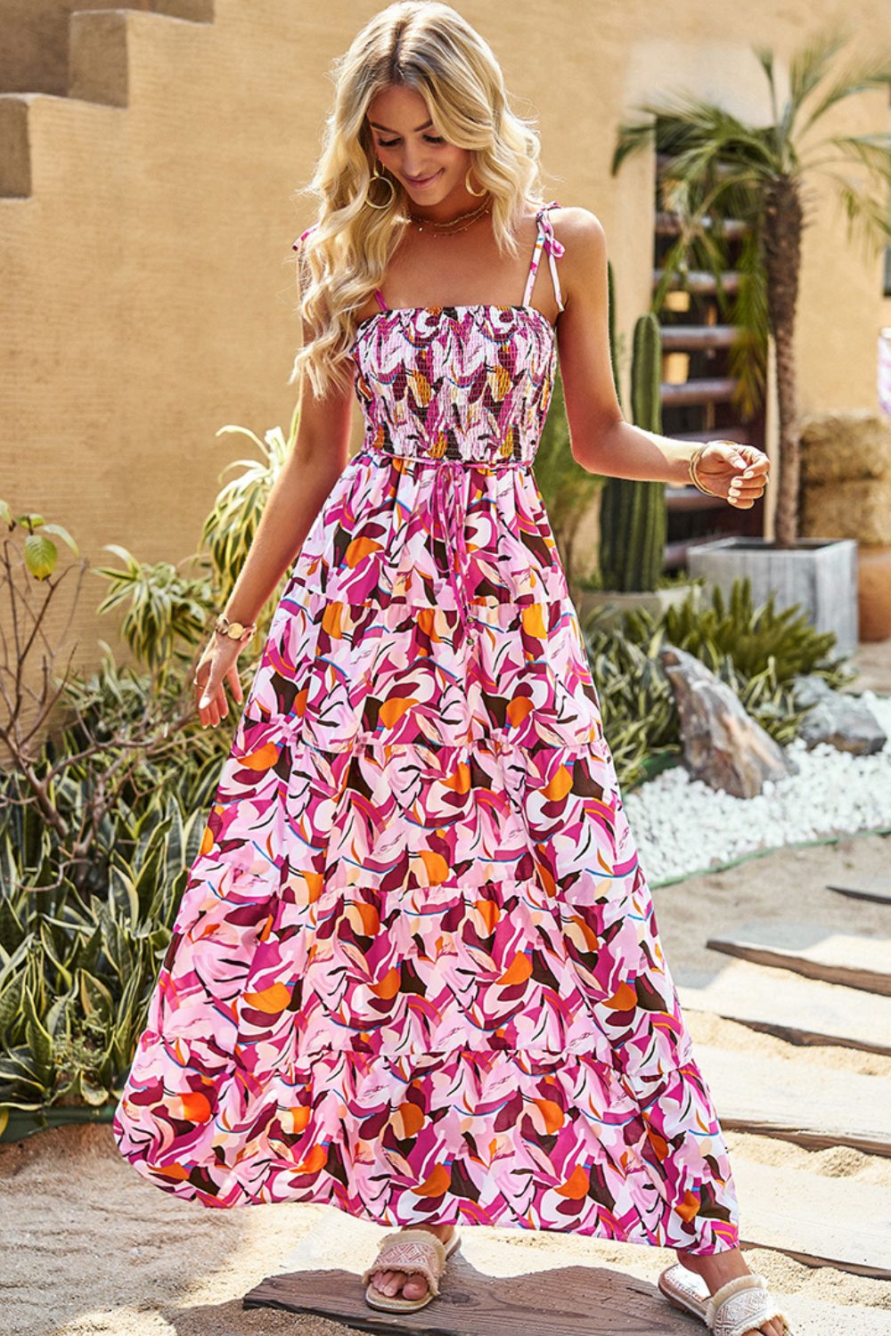 Printed Tie-Shoulder Smocked Maxi Dress  Dresses- Doll Fits