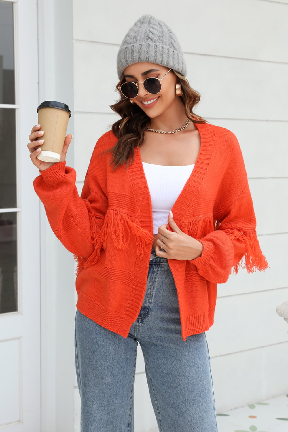 Double Take Fringe Trim Open Front Cardigan  - Doll Fits