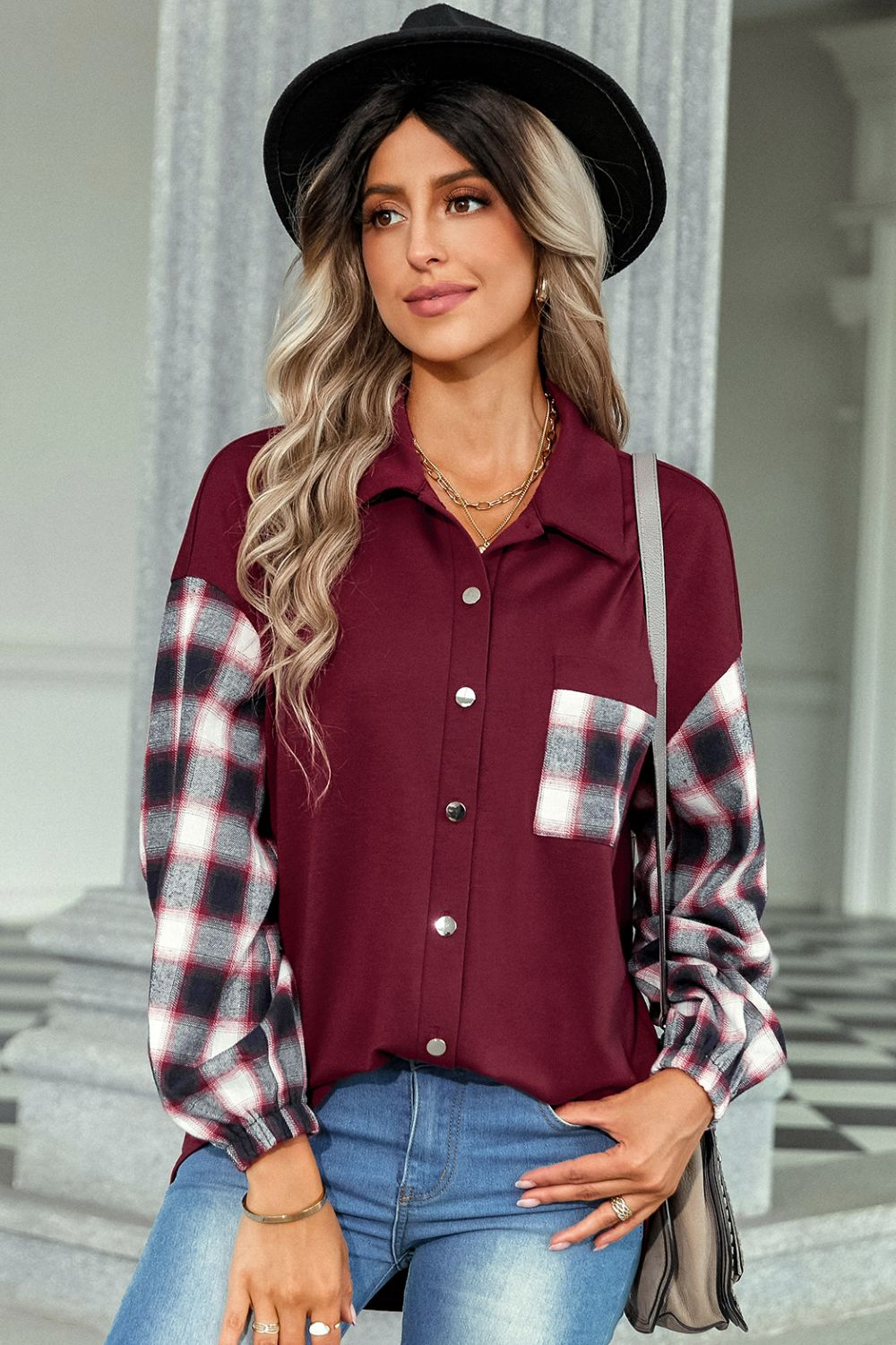 Plaid Dropped Shoulder Shirt with Breast Pocket  Shirts & Tops- Doll Fits