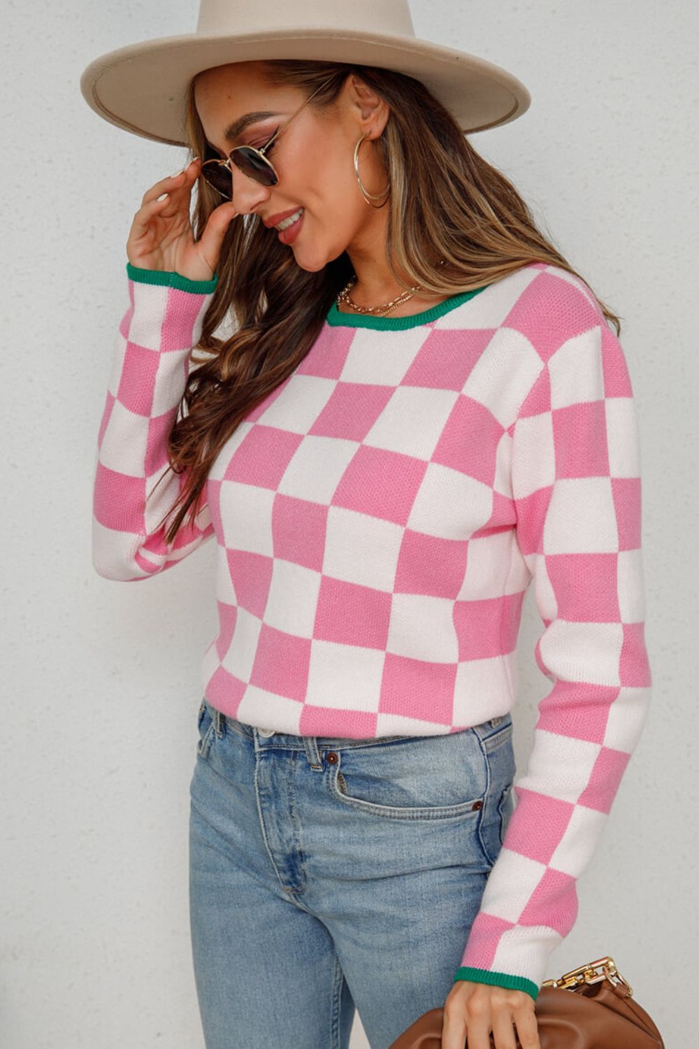Checkered Round Neck Sweater  Shirts & Tops- Doll Fits