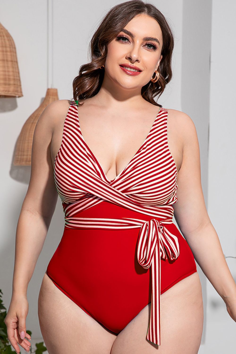 Plus Size Striped Tie-Waist One-Piece Swimsuit  Swimwear- Doll Fits