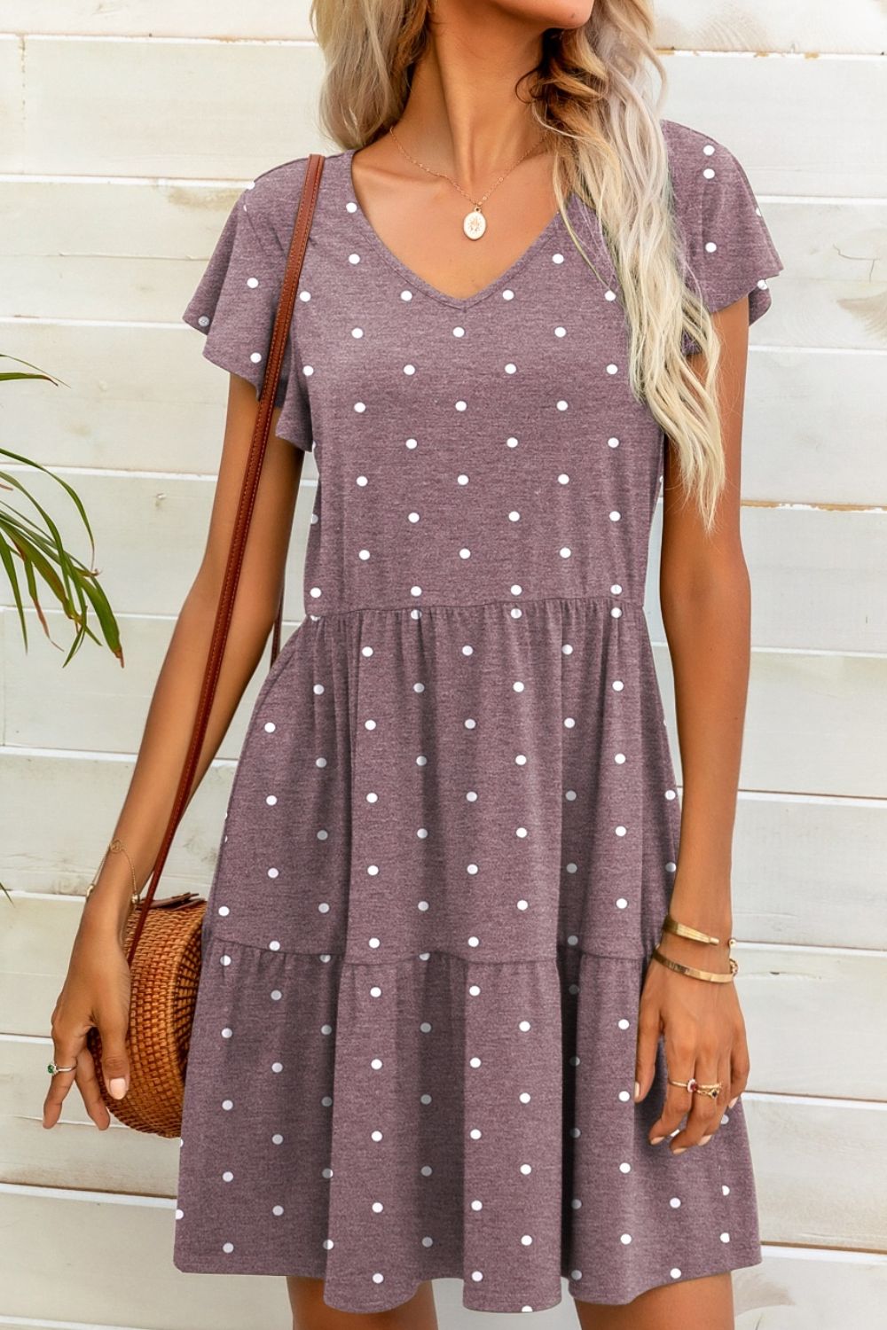 Polka Dot V-Neck Flutter Sleeve Mini Dress  Dresses- Doll Fits