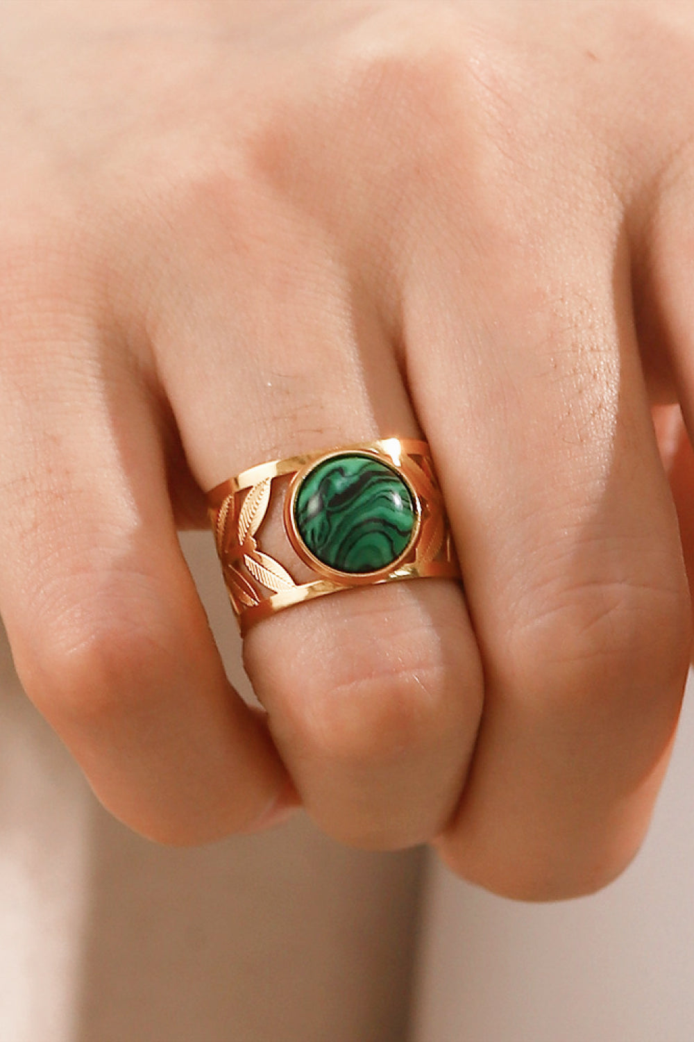 18k Gold Plated Malachite Leaf Ring  Rings- Doll Fits