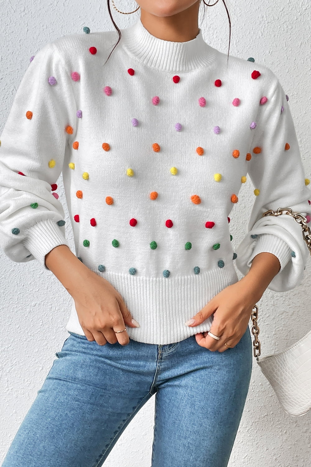 Pom-Pom Trim Mock Neck Long Sleeve Pullover Sweater  - Doll Fits