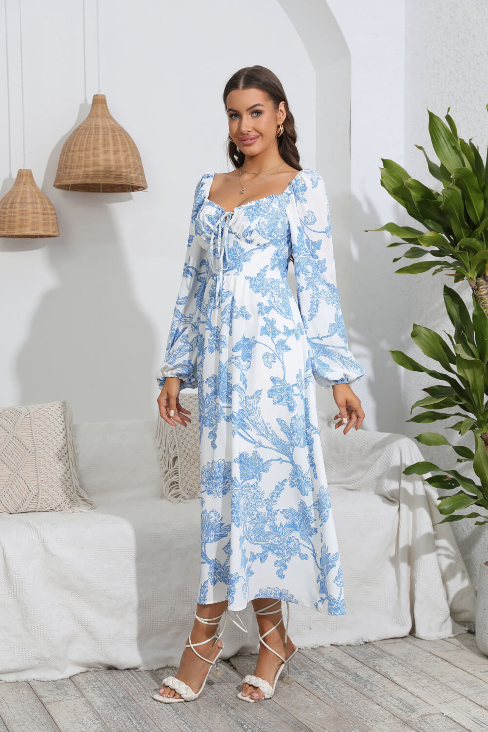 Floral Tie Front Sweetheart Neck Midi Dress  Dresses- Doll Fits