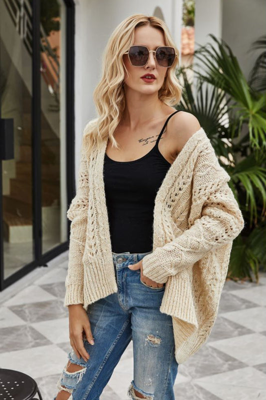 Ribbed Trim Openwork Open Front Cardigan  Coats & Jackets- Doll Fits
