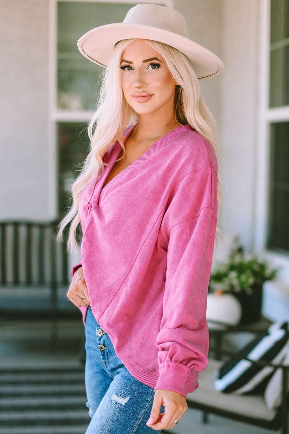 Twisted Plunge Neck Dropped Shoulder Sweatshirt  - Doll Fits