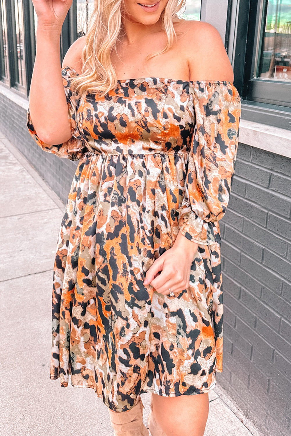 Printed Off-Shoulder Smocked Dress  Dresses- Doll Fits