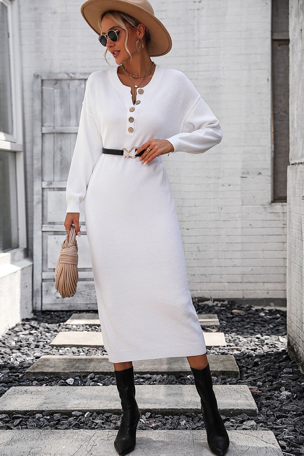 Notched Neck Dropped Shoulder Button-Down Midi Dress  Dresses- Doll Fits