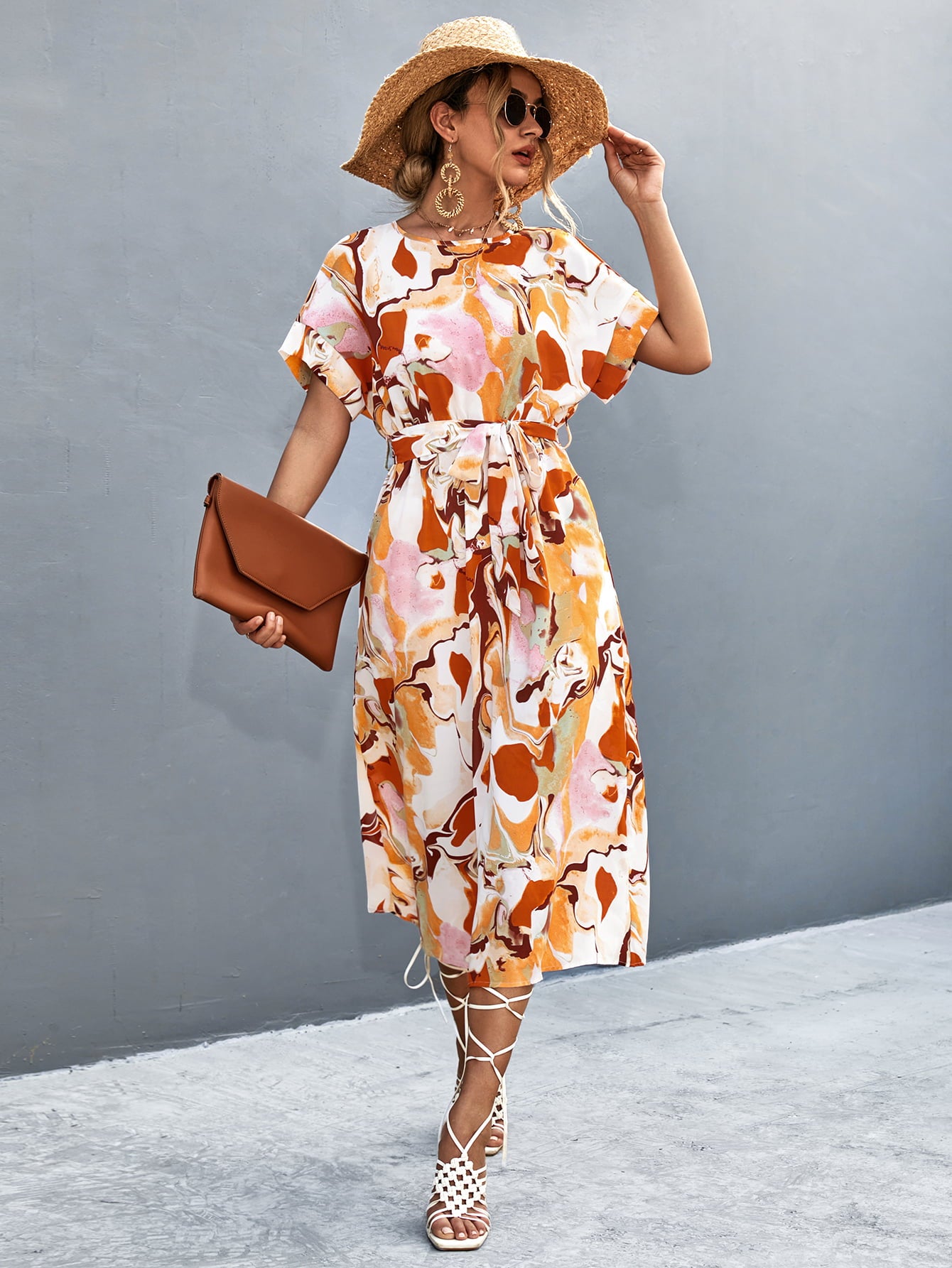 Round Neck Short Sleeve Tie Waist Midi Dress  Dresses- Doll Fits