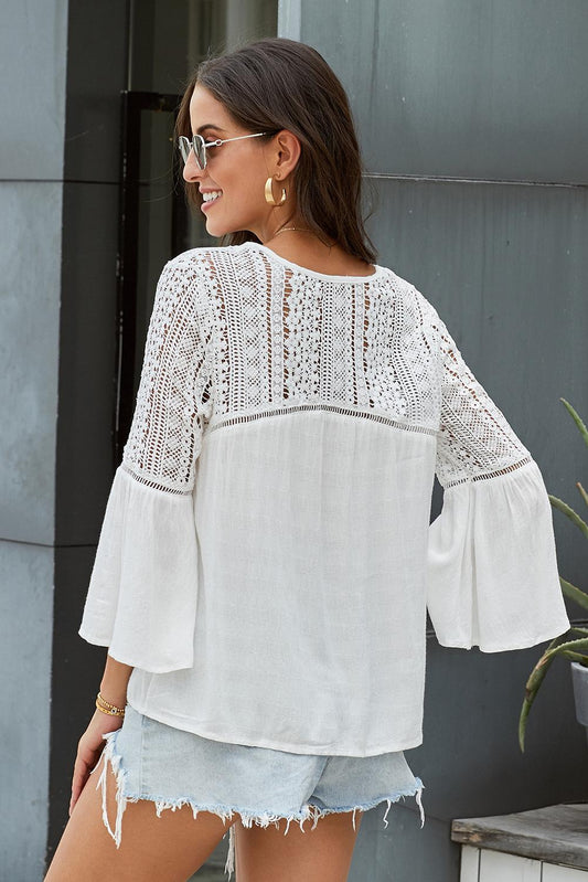 Flare Sleeve Spliced Lace V-Neck Shirt  Shirts & Tops- Doll Fits
