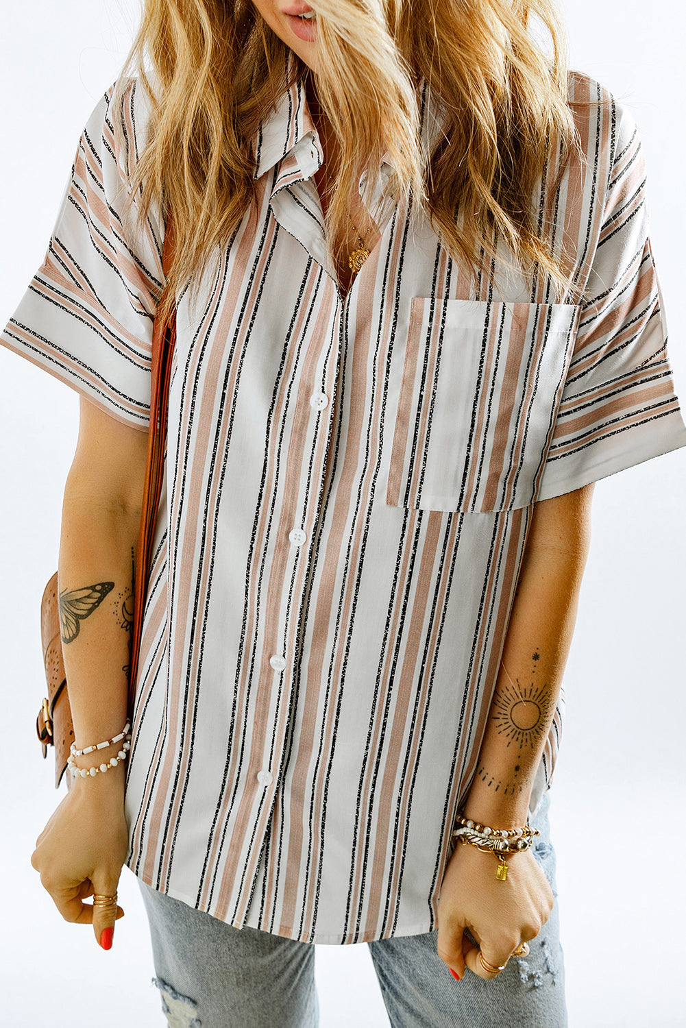 Striped Short Sleeve Shirt with Breast Pocket  Shirts & Tops- Doll Fits