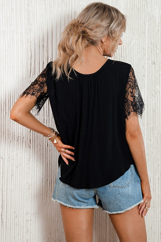 Strappy Neck Spliced Lace Eyelash Trim Blouse  Shirts & Tops- Doll Fits